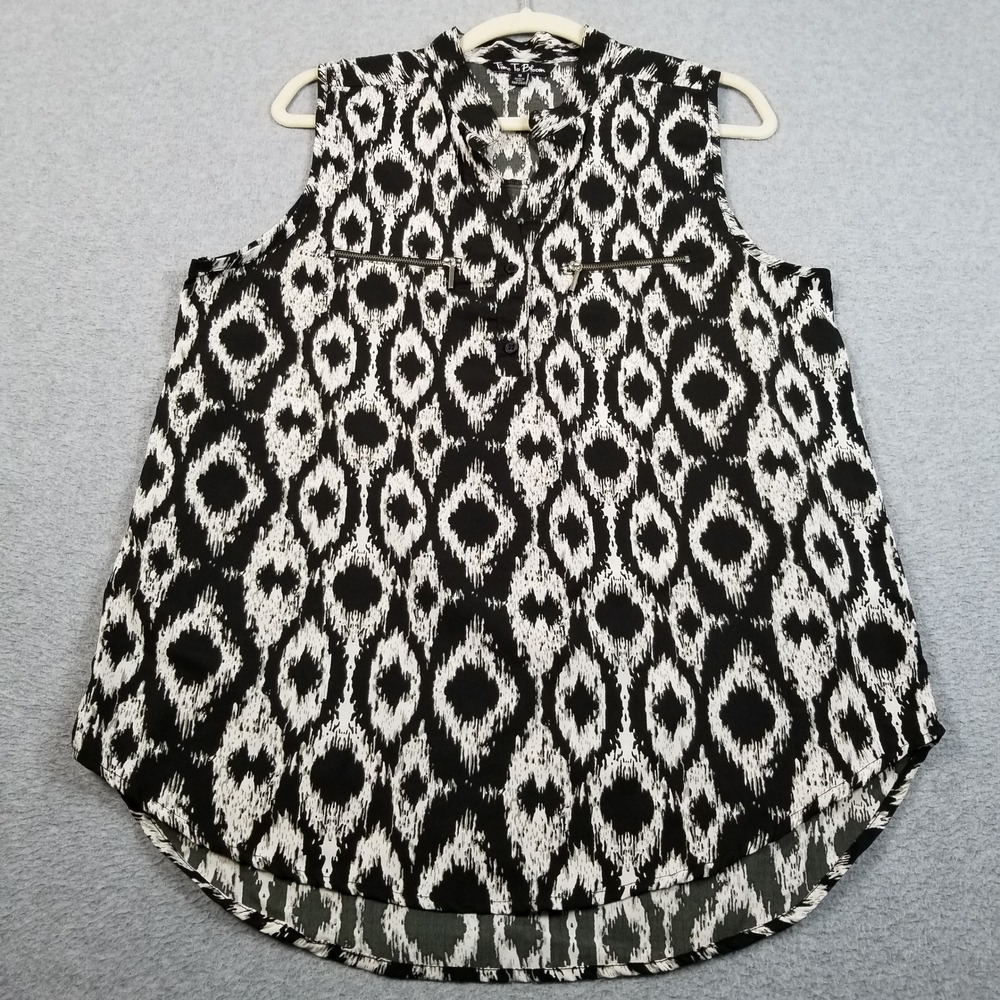Time To Bloom Tank Top Women M Medium Black White Ikat Zipper Accents Sleeveless